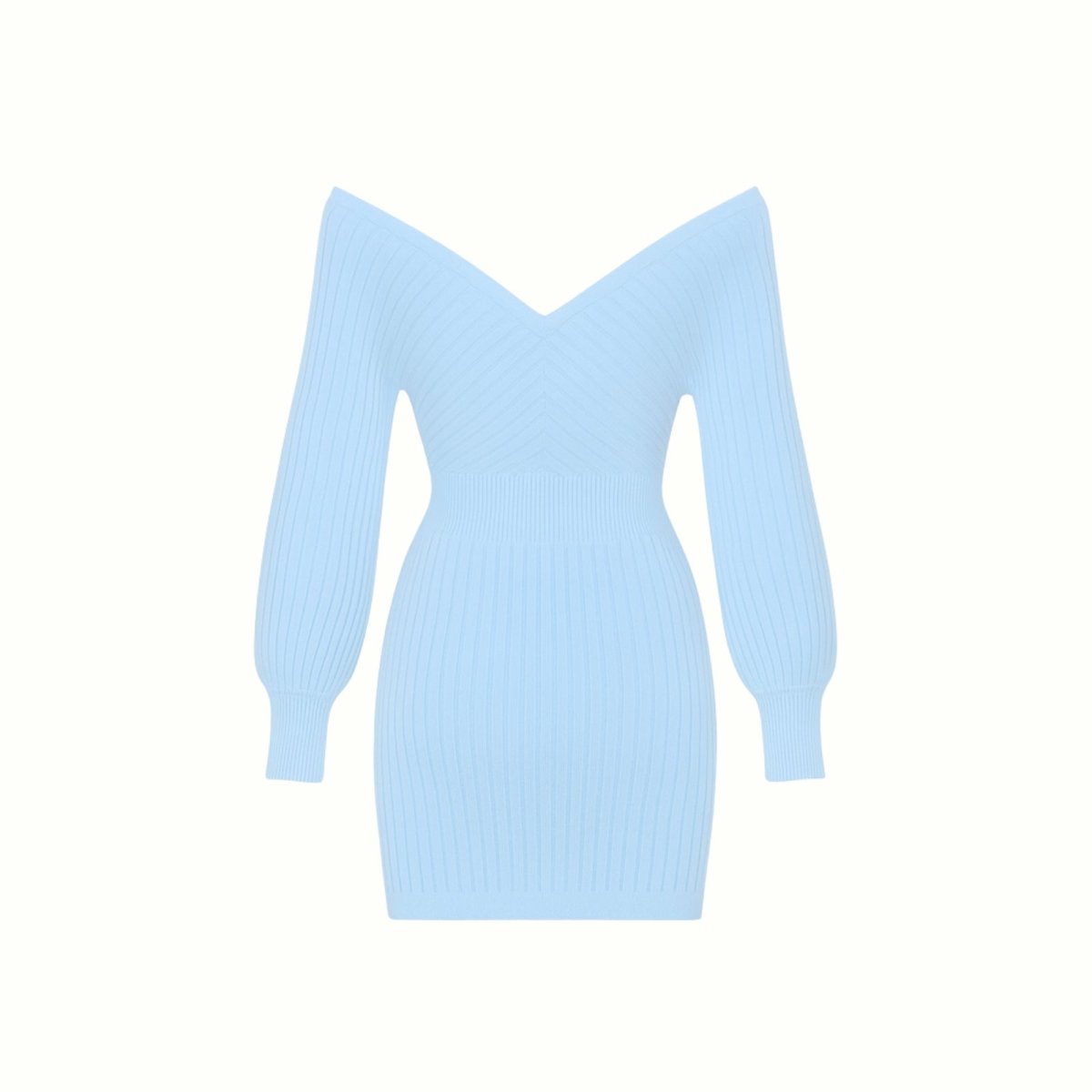 Studio product image of the light blue ribbed knit dress showing the crossover bodice and texture detail.