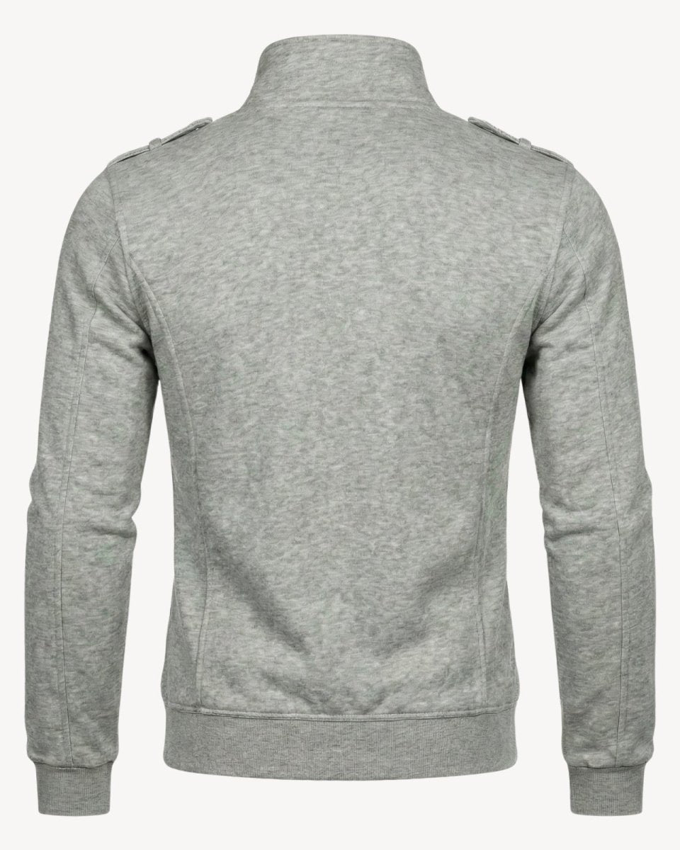 Flat lay back view of the men's structured cotton zip-up jacket in heather grey, showing shoulder epaulets.