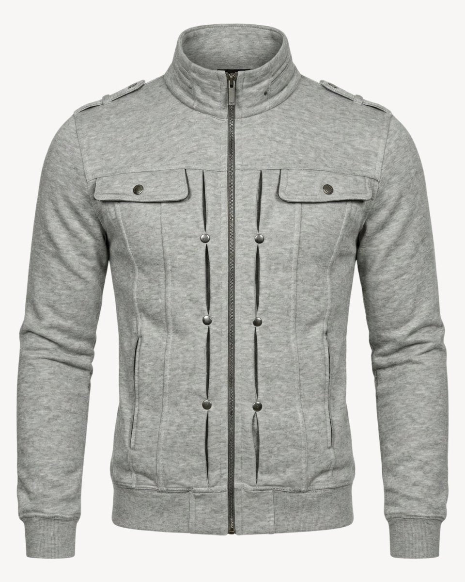 Product shot of the men's heather grey military jacket with full-zip front and gunmetal hardware details.