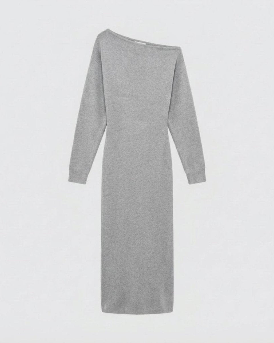 Flatlay product shot of the heather light grey boat neck knit dress, front view.