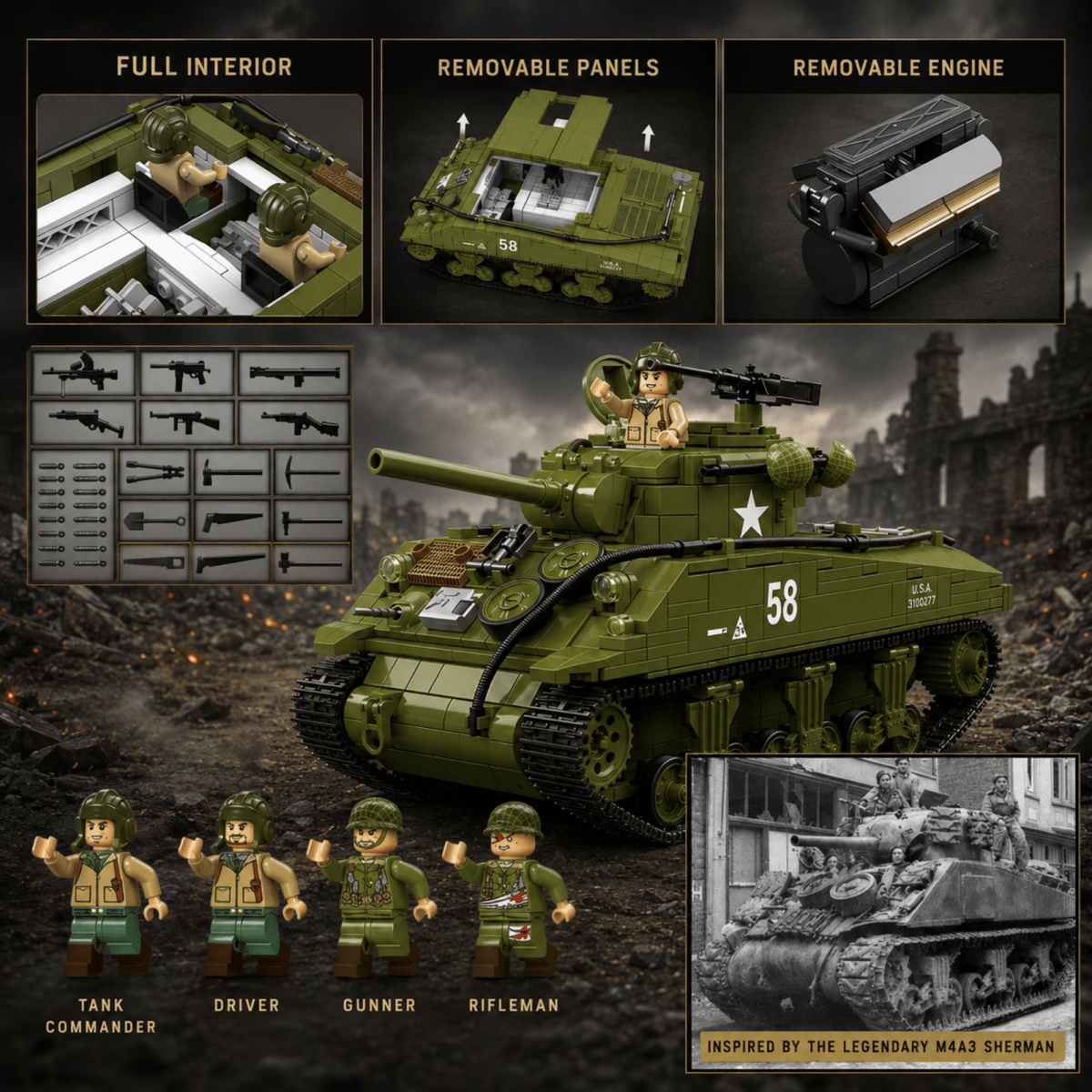 A product showcase graphic for a military tank building block set. The main subject is a green tank toy with a driver minifigure on top, set against a dark war-torn background.