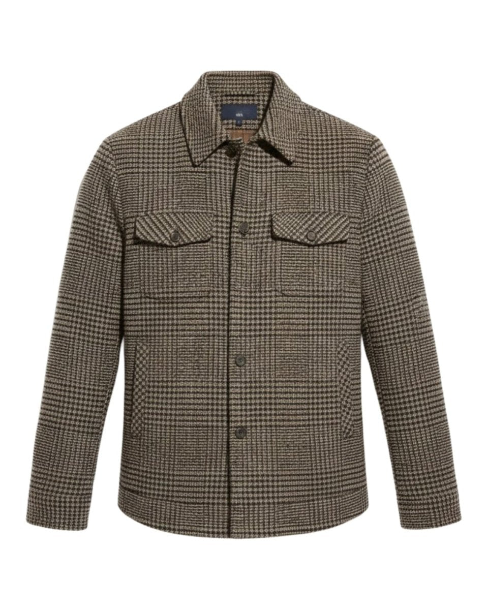 Front view flat lay of the designer men's shacket, detailing the brown and black houndstooth pattern, chest pockets, and buttons.