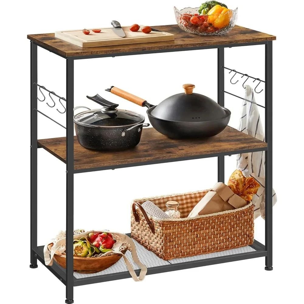 Rustic wood and metal baker's rack used as a printer stand in a home office