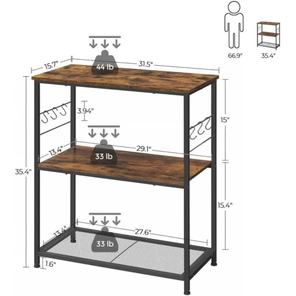 Rustic wood and metal baker's rack used as a printer stand in a home office