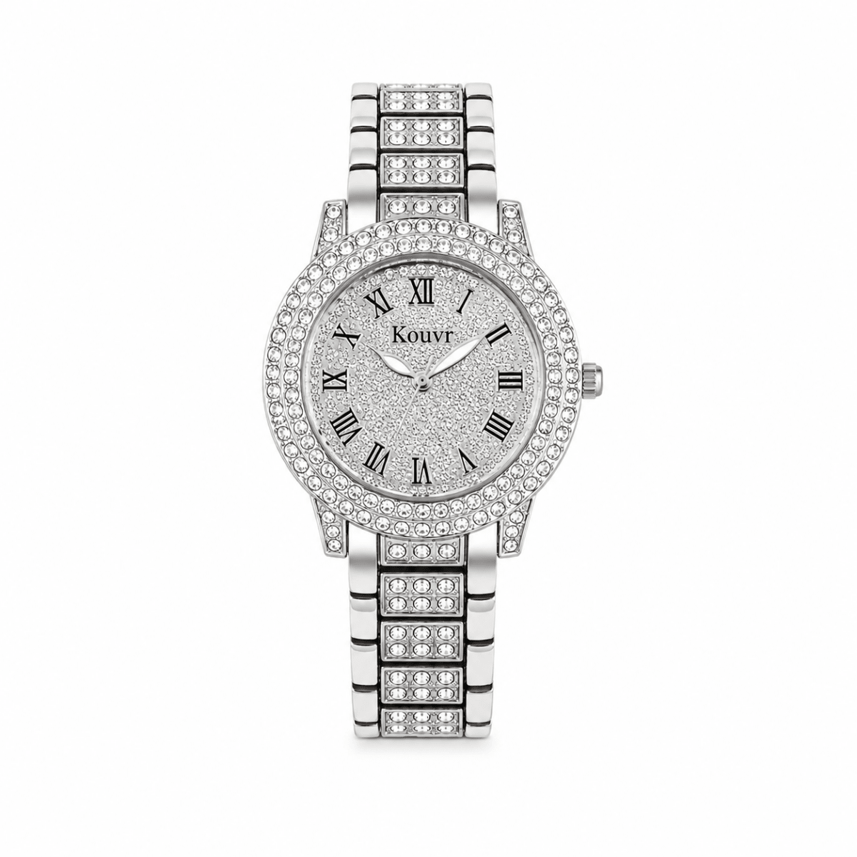 Studio shot of a silver tone women's luxury watch with full crystal pave face, crystal bezel, and silver metallic link band against a white background.