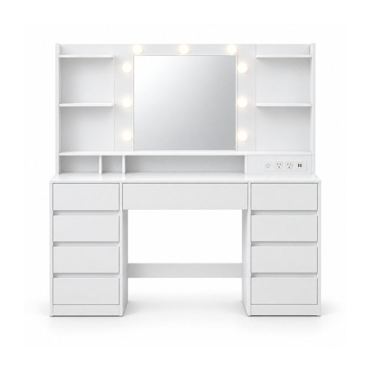 White vanity desk with an attached mirror, shelves, side drawers, and built-in light bulbs, shown on a plain white background.