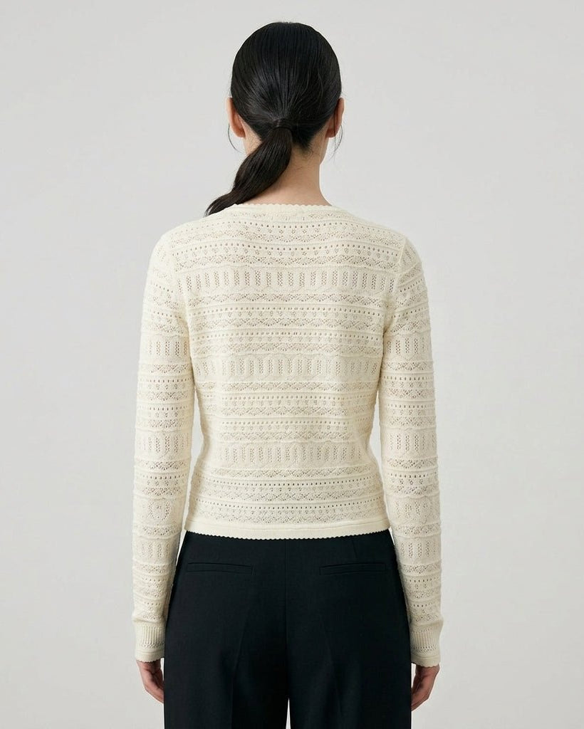 Women's ivory pointelle knit sweater back view showing intricate knit pattern