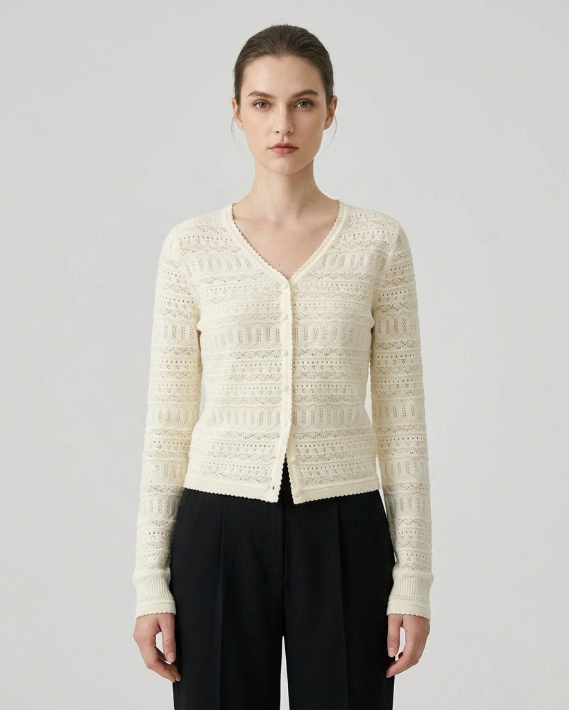 Women's ivory pointelle knit v-neck cardigan with scalloped edges front view