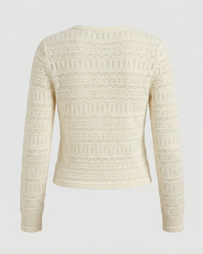 Back detail of cream vintage inspired pointelle knit cardigan
