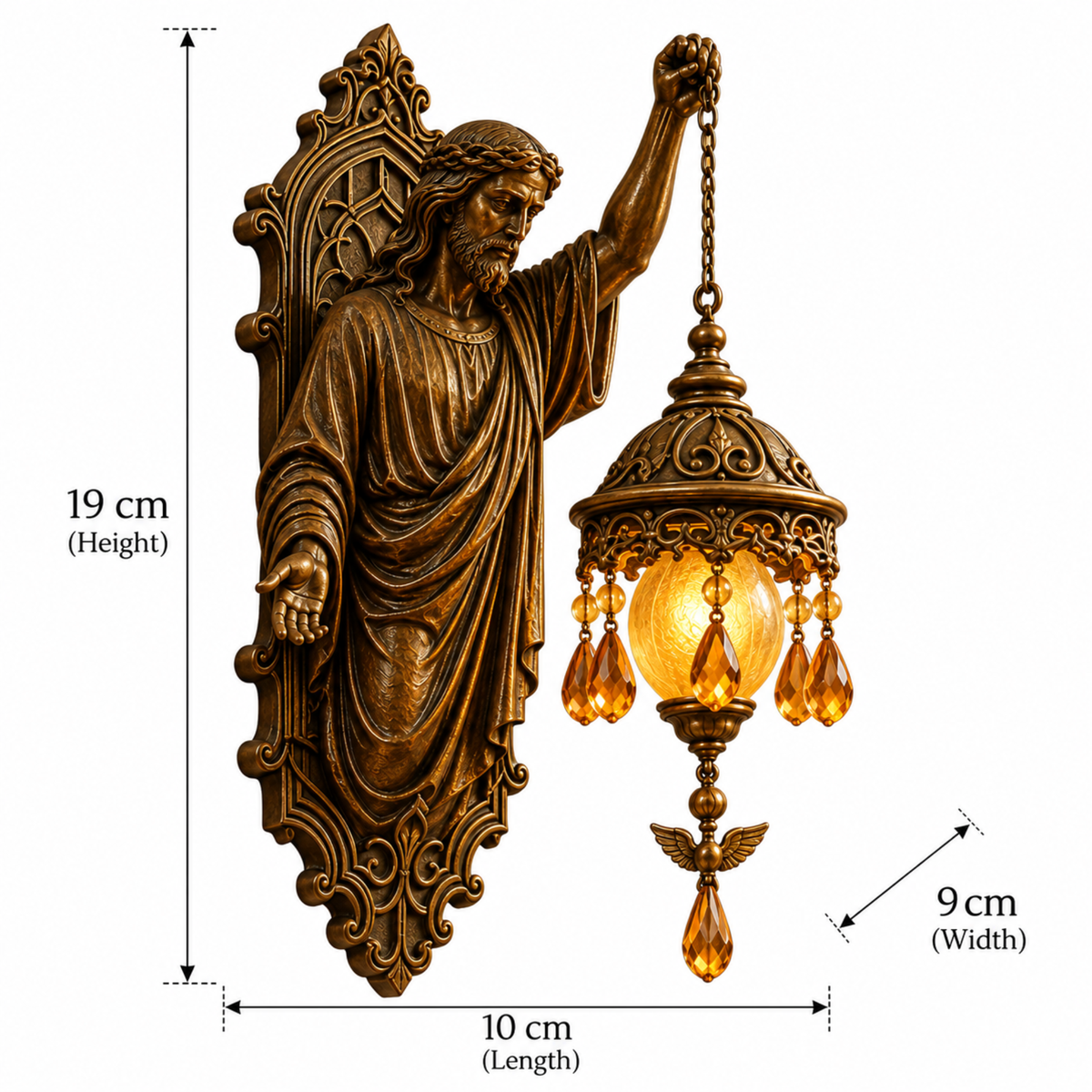 Decorative bronze Jesus wall sconce holding an illuminated amber lantern mounted on a rustic wall in a cozy home interior.