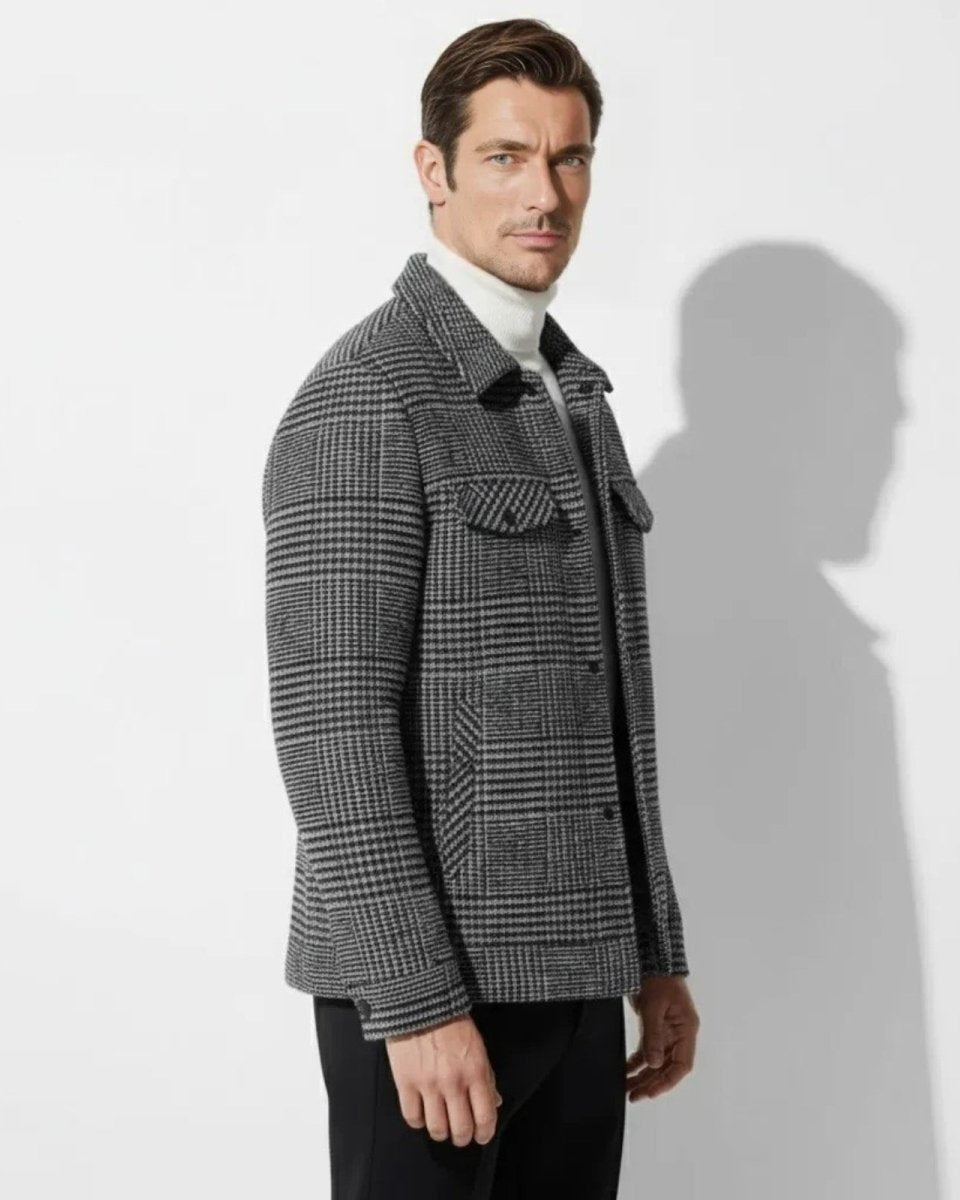 Side profile view of a man wearing the gray check Kensington shacket, showing its structured fit and silhouette.