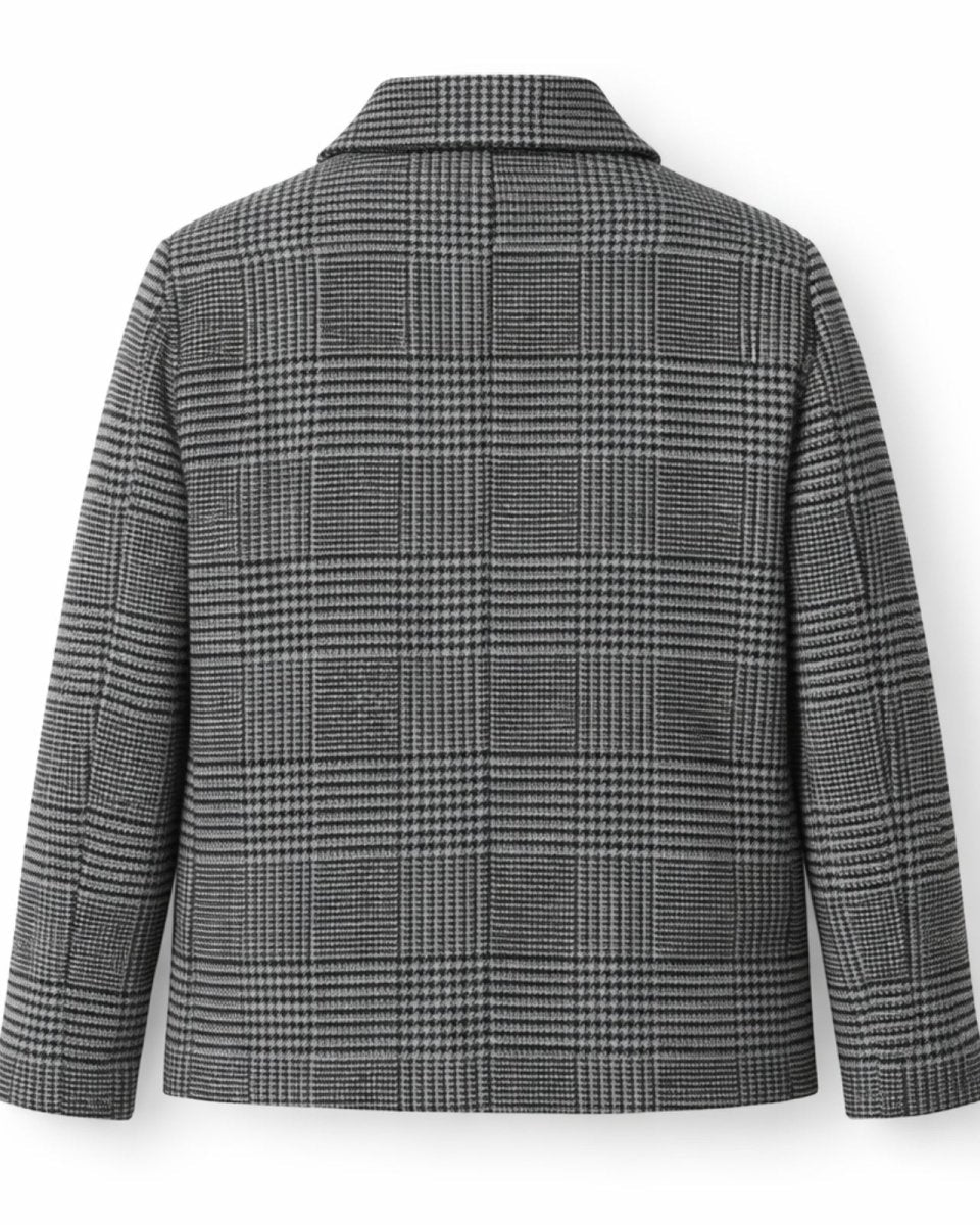 Flat lay of the back of the Kensington gray plaid shirt jacket, highlighting the quality fabric and construction.