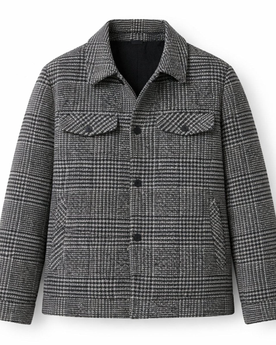 Flat lay of the Kensington men's wool overshirt showing the front button closure, collar, and chest pocket details.