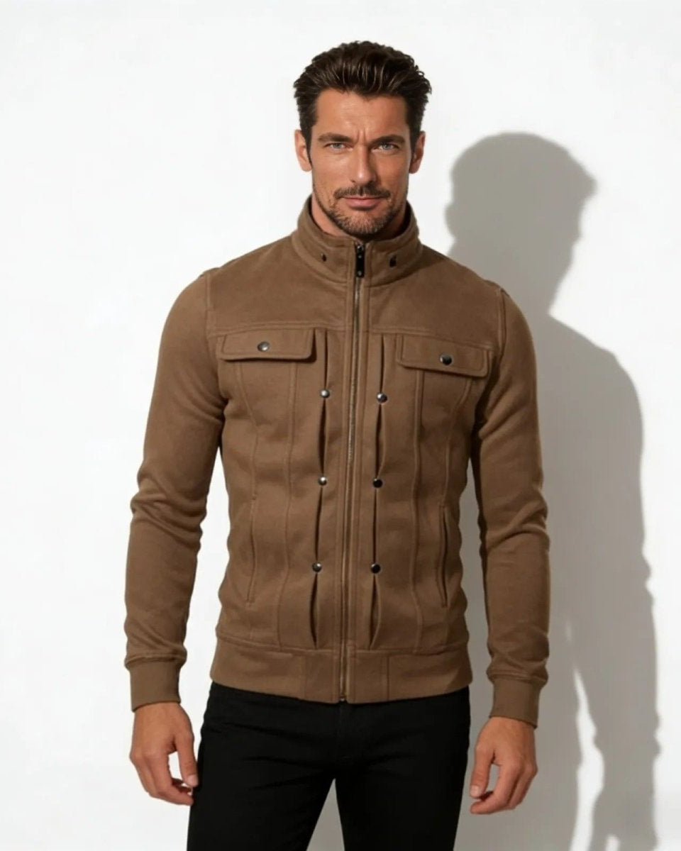 Male model wearing the Kent men's luxury field jacket in brown, zipped up, paired with black trousers.