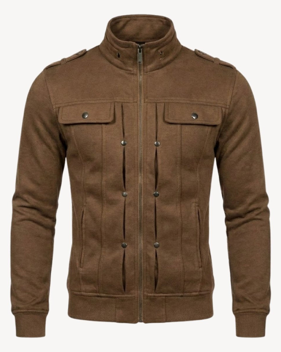 High-resolution studio photo of the Kent men's military-style jacket in mocha brown on a white background.