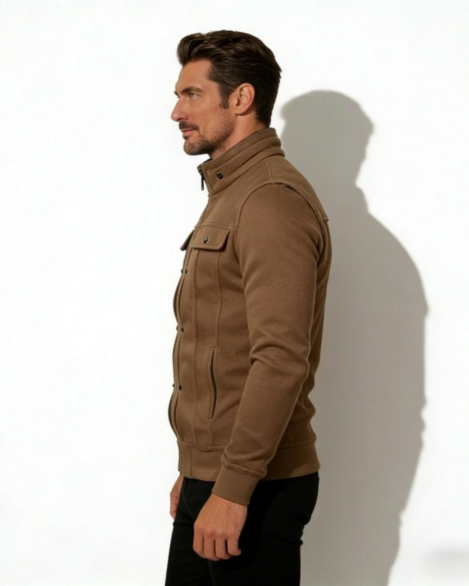 Side profile of a male model wearing the Kent stand collar jacket in brown, showing the jacket's slim fit and silhouette.