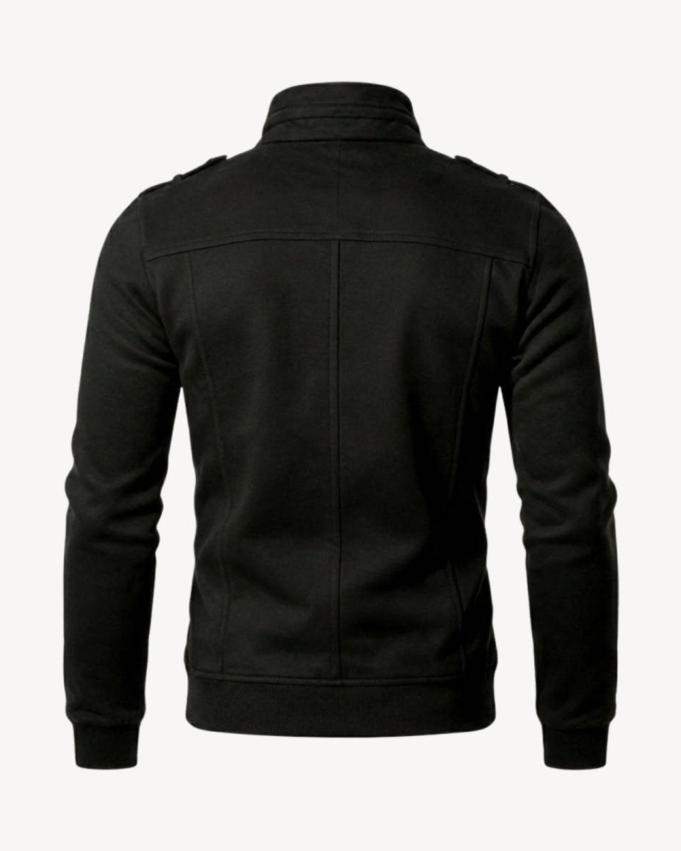 Rear view of the Kent black heavyweight cotton jacket showcasing the yoke and seam detailing.
