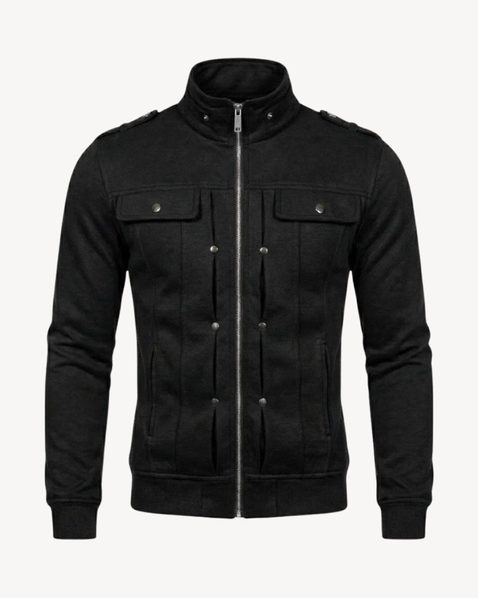 High-resolution product image of the Kent men's black zip-up military jacket with shoulder epaulets and gunmetal hardware.