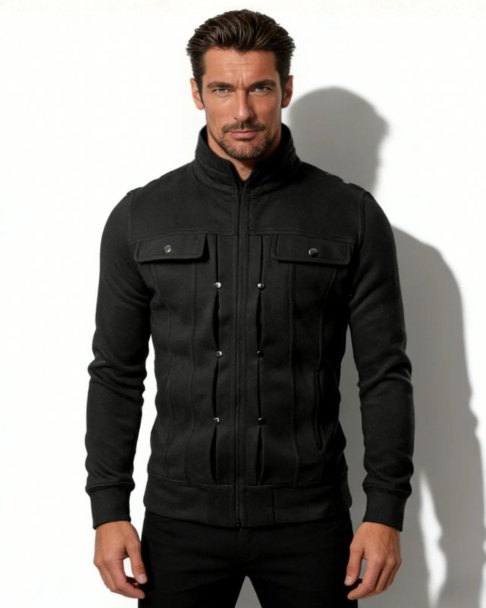 Man wearing the Kent slim fit black military knit jacket with a stand collar and chest pockets, viewed from the front against a white background.