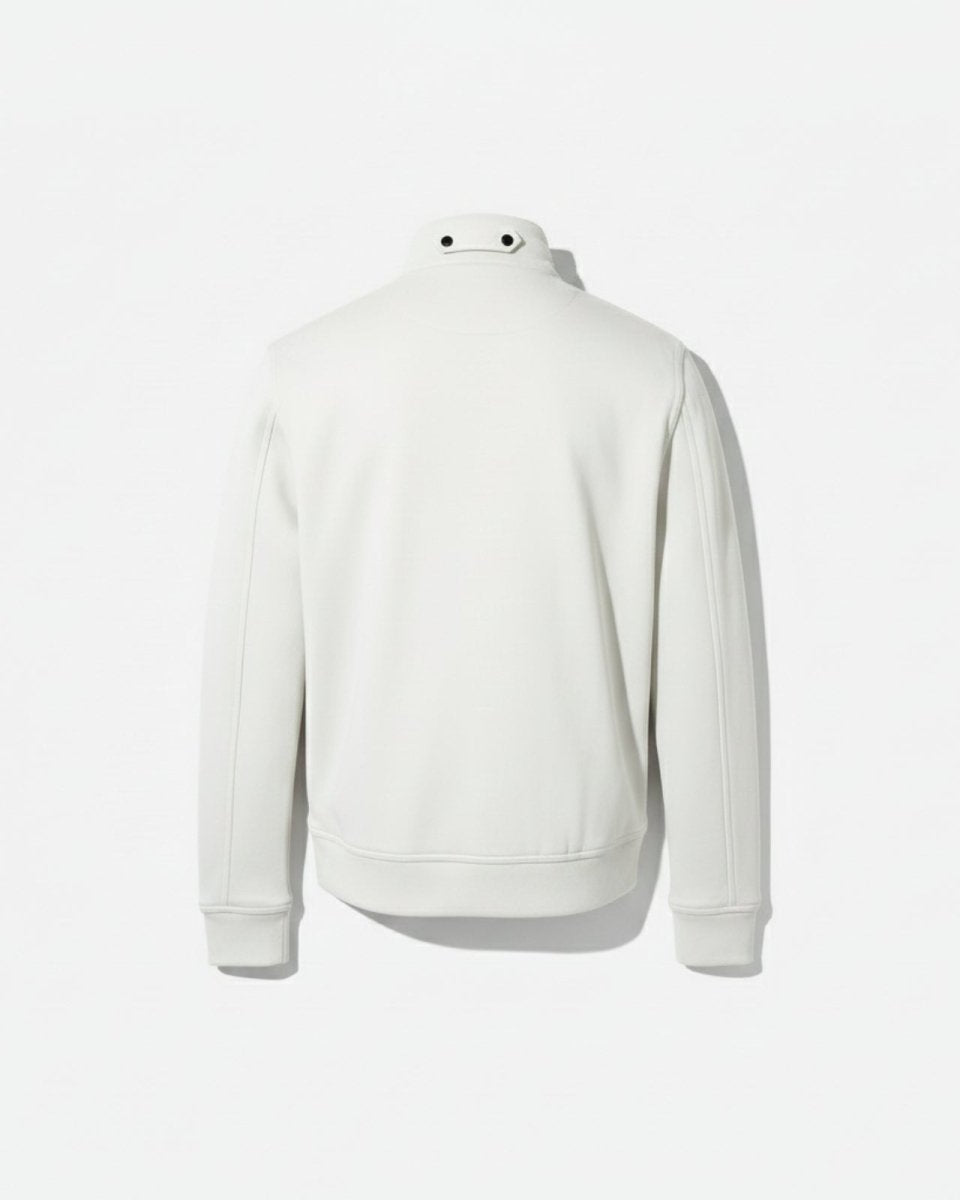 Flat lay of the back of the Kent white jacket, displaying the snap button detail on the collar and the minimalist panel design.
