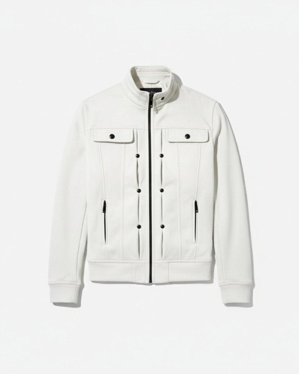 Flat lay photo of the Kent white jacket for men, showing all details including chest pockets, vertical zip pockets, and black hardware.
