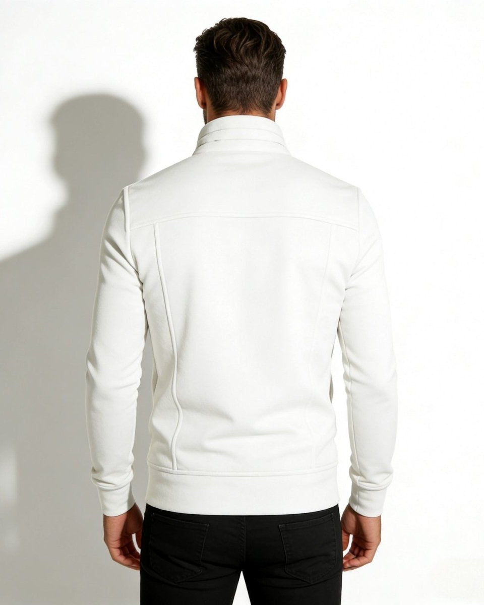 Back view of the Kent men's white jacket, highlighting the clean lines, yoke seam, and ribbed hem.