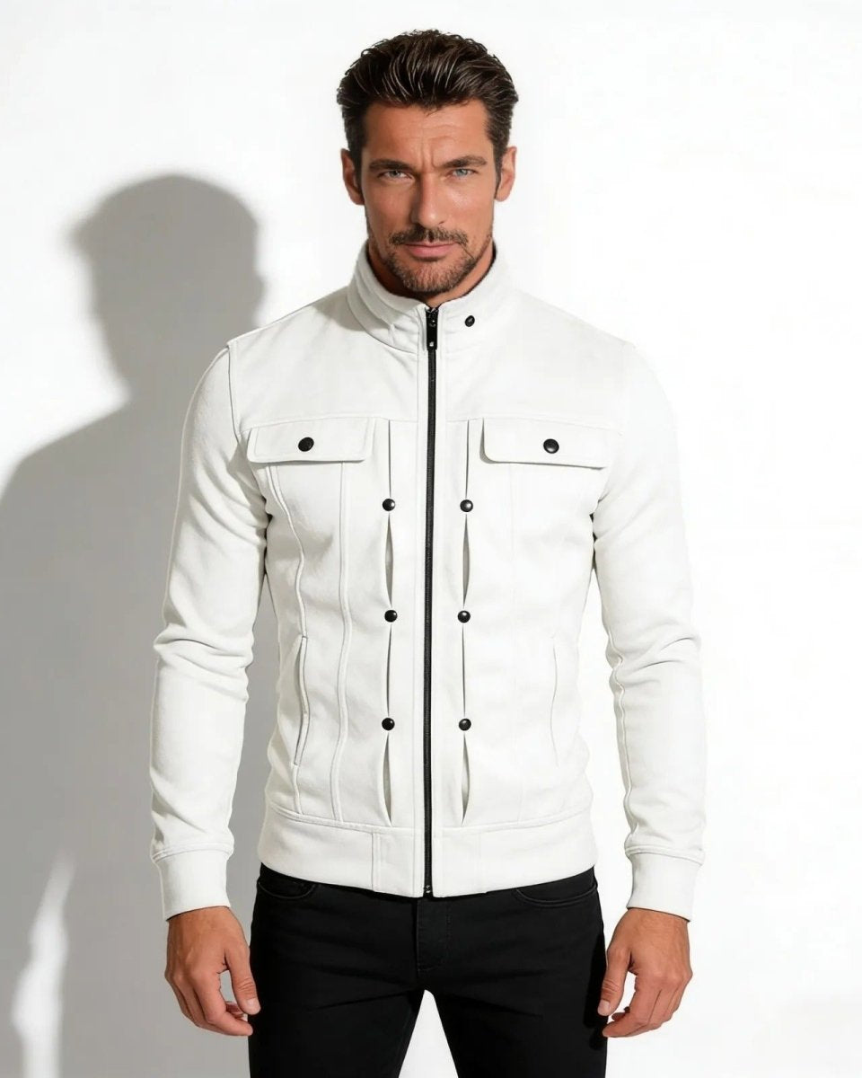 Model wearing the Kent men's slim fit white structured jacket with a stand collar and black zipper, viewed from the front.