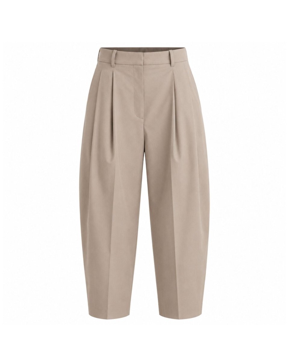 A pair of high-waisted, wide-leg cropped trousers in a light beige color, featuring pleated front details and belt loops, shown against a plain white background.