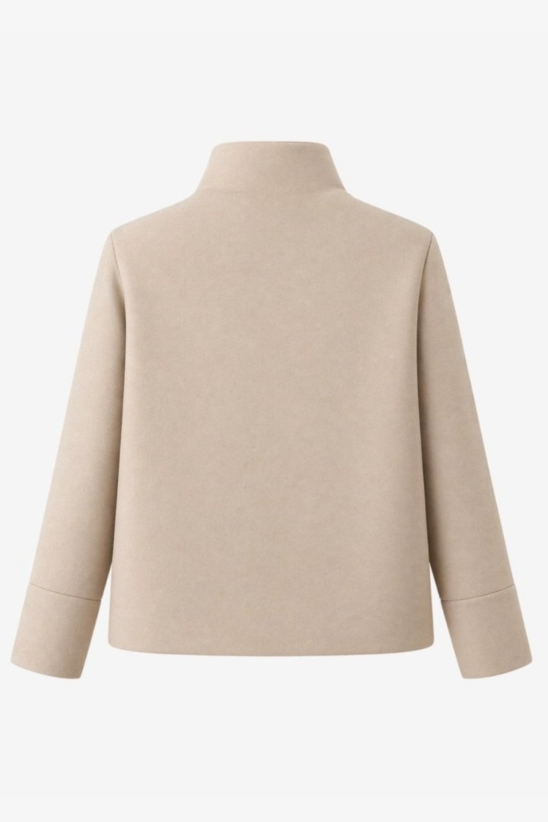 A light beige long-sleeve cropped jacket with a mock neck collar, shown from the back on a clean white background.