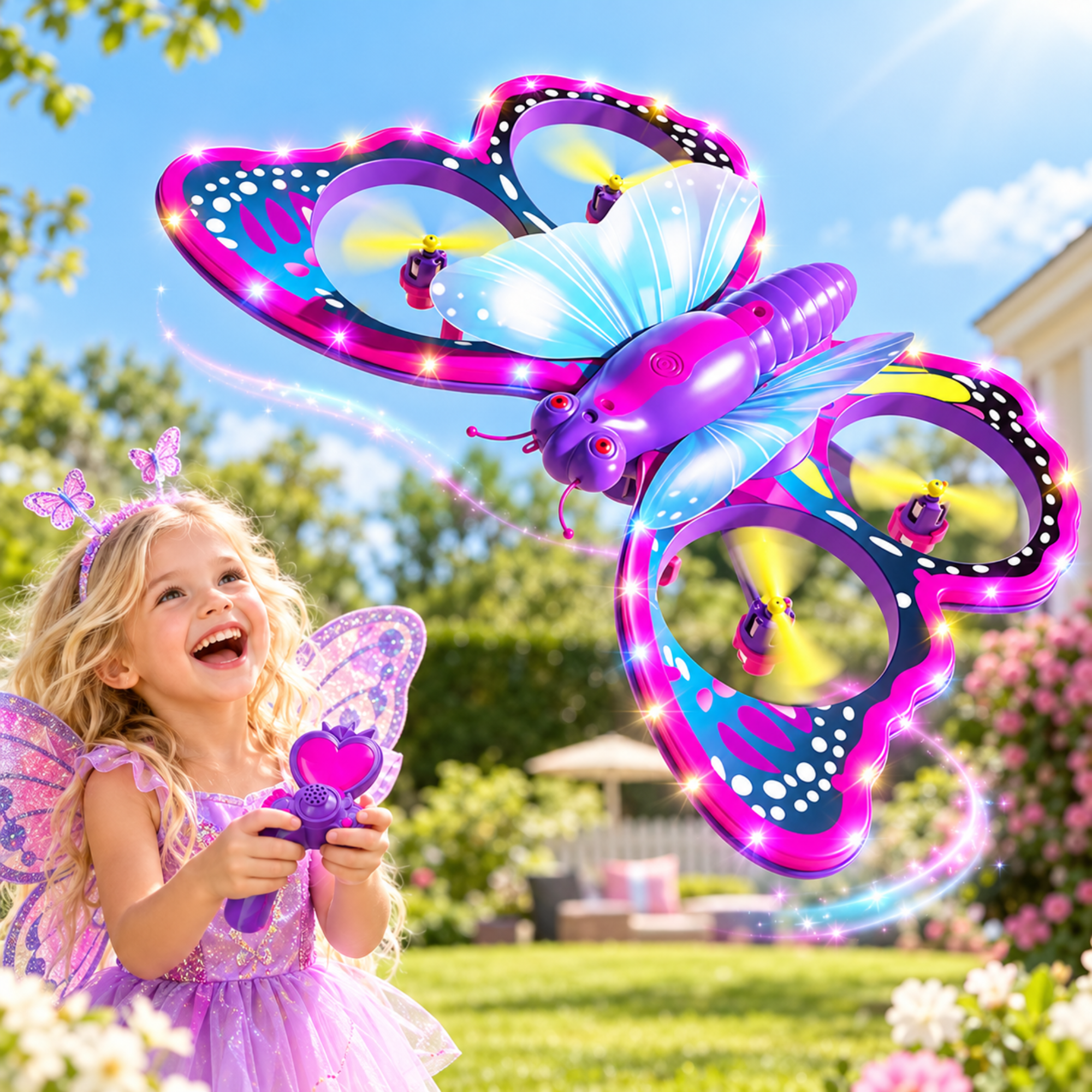 oung blonde girl smiling happily while flying the Kouvr purple and pink light up butterfly drone outdoors using the magic wand remote control.
