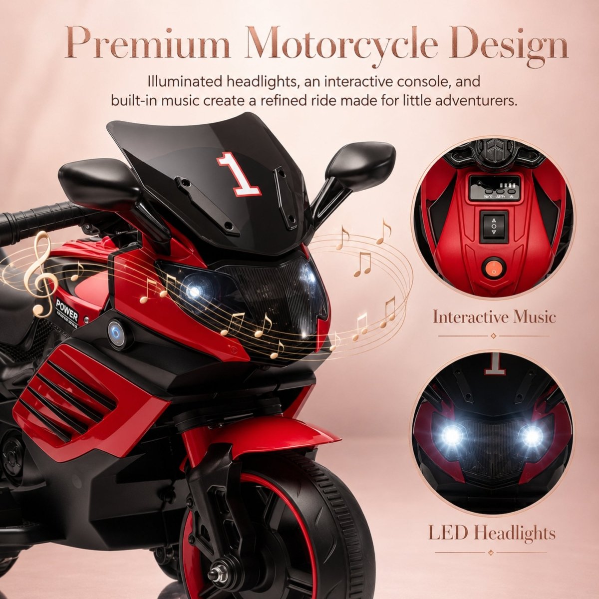 Red luxury kids electric motorcycle highlighting bright LED headlights and built-in interactive music features.
