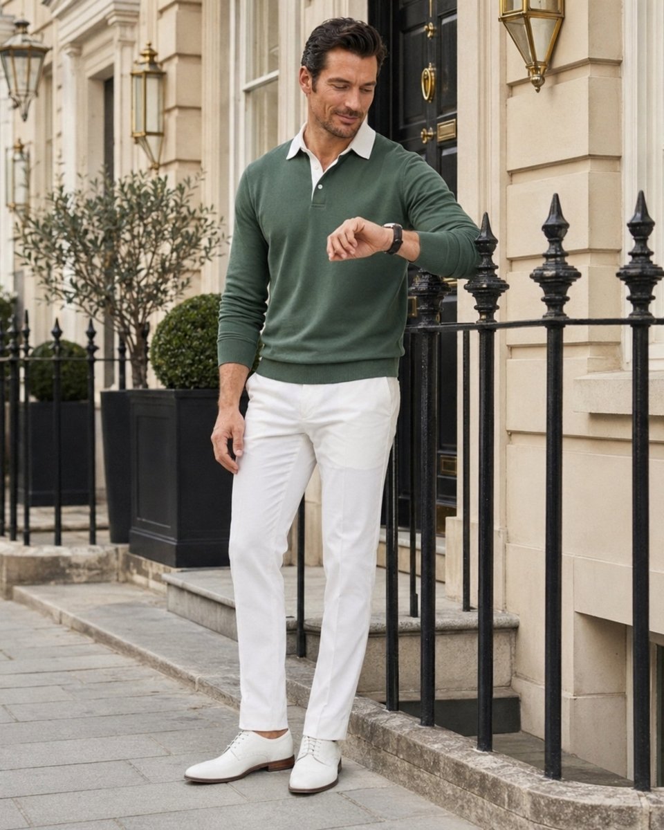 A man wearing a sage green long-sleeve polo shirt, white trousers, and white loafers stands on a city sidewalk in front of a classic stone building with a black metal fence.