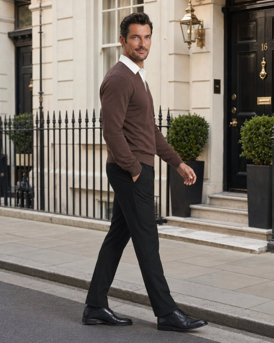 A man walking on a city sidewalk in front of a classic stone building, wearing a brown v-neck sweater over a white collared shirt, black trousers, and black dress shoes.