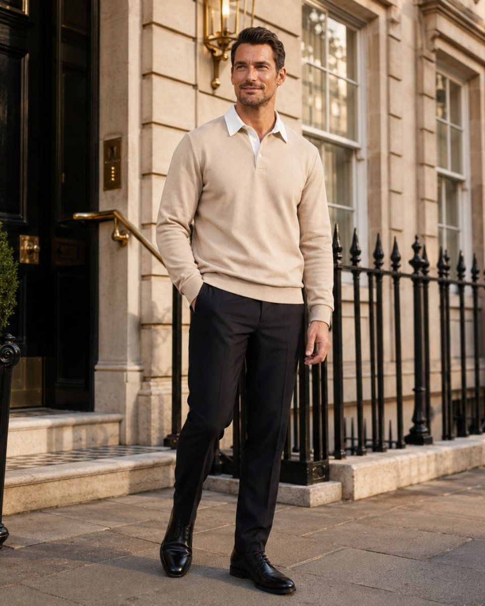 A man wearing a beige knit polo sweater over a white collared shirt, black trousers, and black dress shoes, standing on a city sidewalk in front of a stone building with a black metal fence.