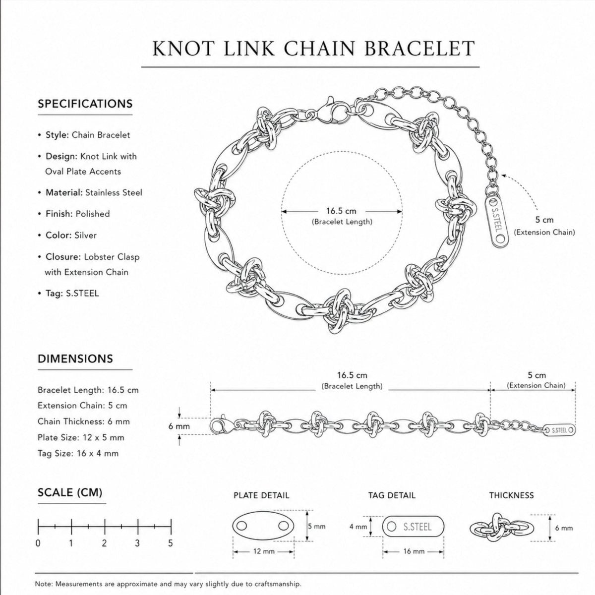 Detailed technical specification sheet for the Kouvr knot link chain bracelet showing 16.5cm length, 5cm extension, 6mm thickness, and stainless steel material details.