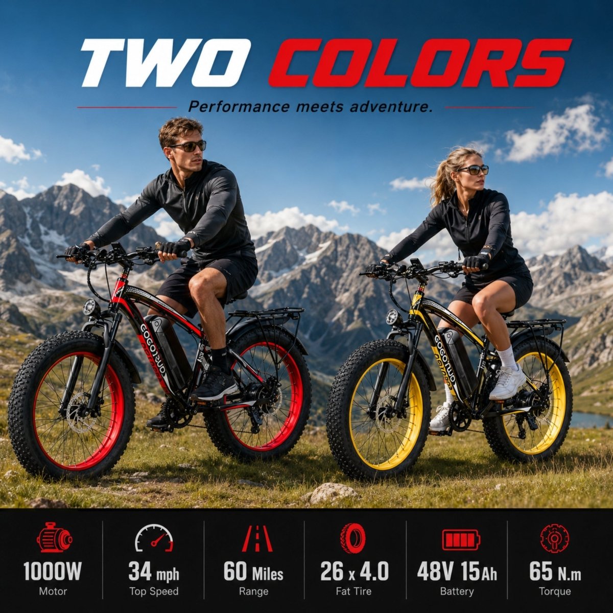 Infographic banner for the Kouvr ebike showcasing a 1000W motor, 34 MPH top speed, 60 miles range, 26x4.0 fat tires, and a 48V 15Ah battery.