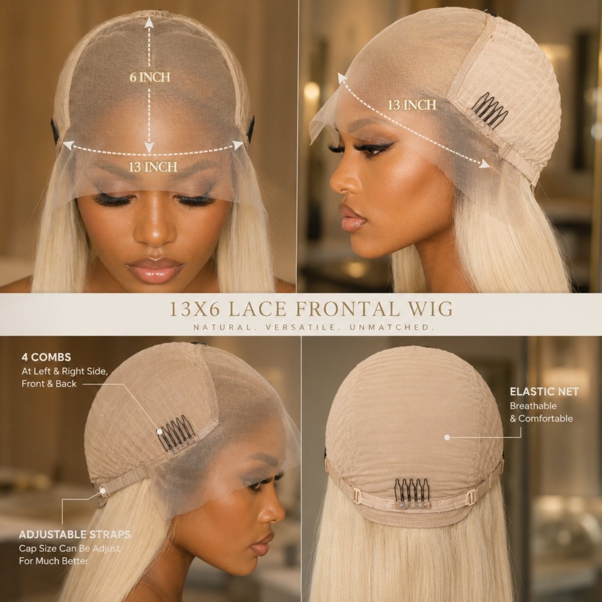 An annotated diagram showing the internal structure of a Kouvr 13x6 lace wig cap, highlighting the 13-inch by 6-inch lace area, the breathable mesh, four security combs, and an adjustable strap for comfort.