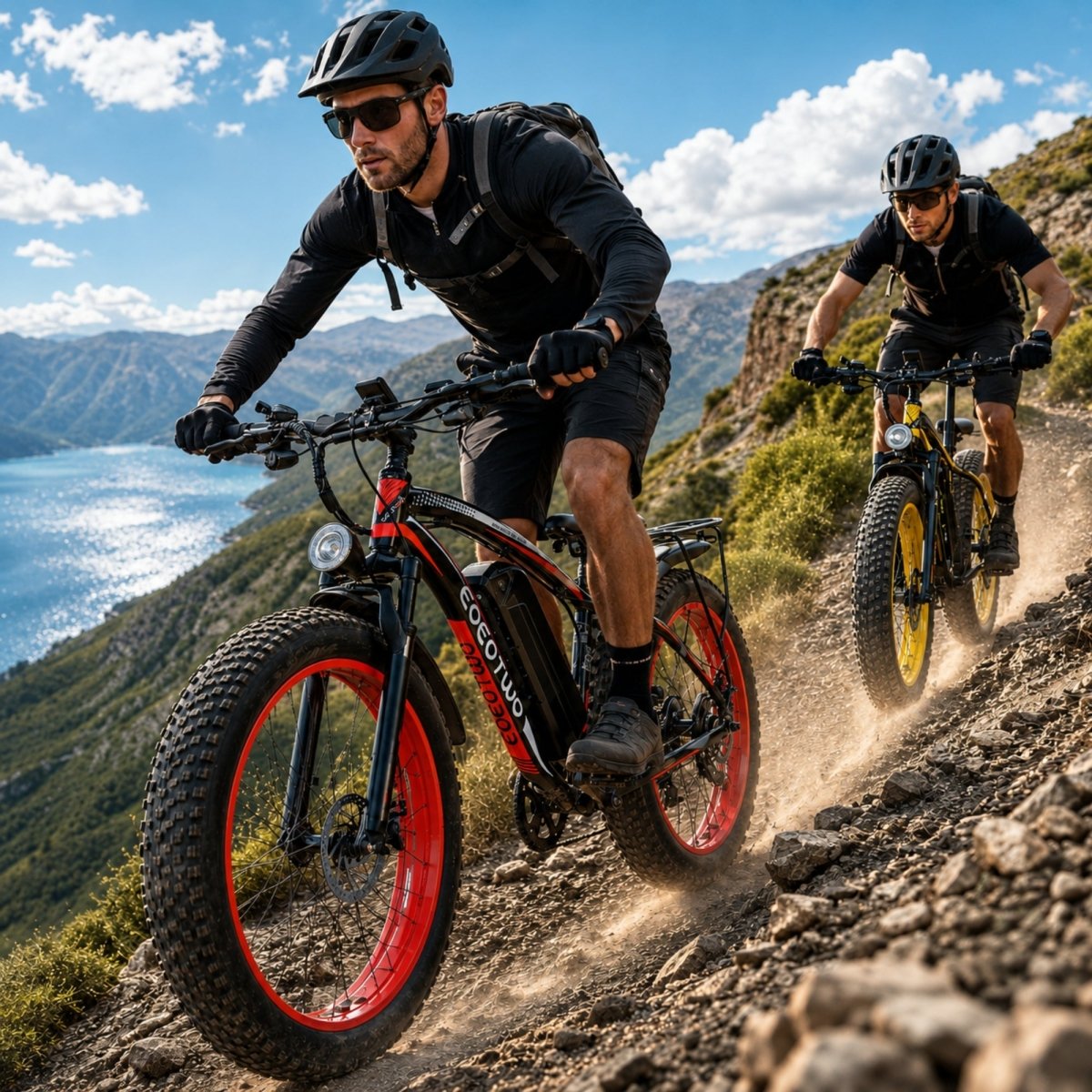 Two riders descending a dusty mountain trail on Kouvr fat tire electric bikes with the red and yellow custom wheel rims.