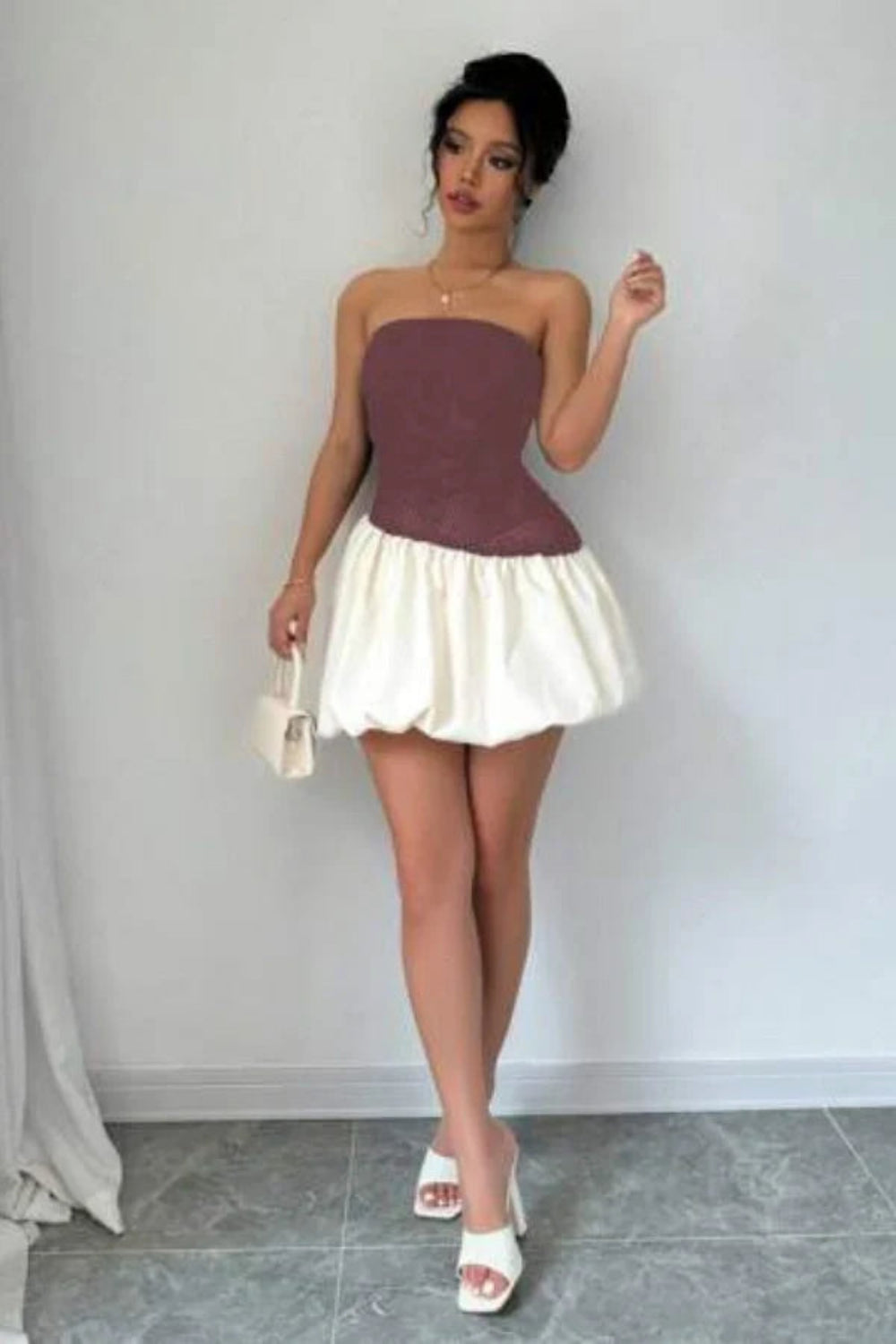 sculptural silhouette, voluminous skirt, balletcore aesthetic, fit and flare,bandeau top dress, avant-garde design