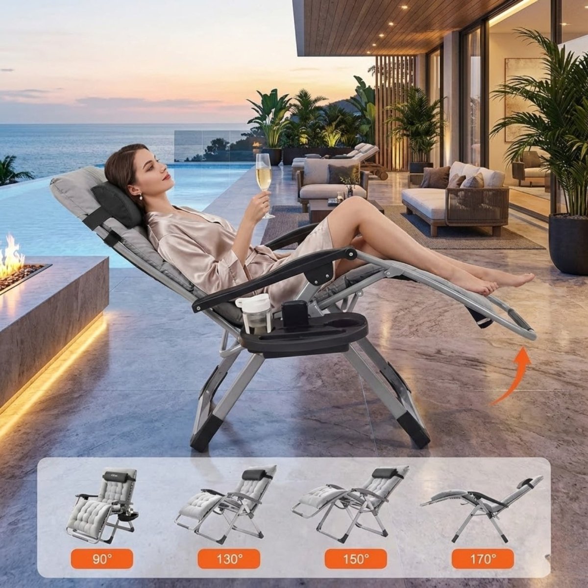 Woman relaxing in a Kouvr adjustable outdoor recliner by a luxury pool at sunset, demonstrating the various recline angles from 90 to 170 degrees.
