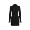 Front product shot of the Kouvr Agathe black ribbed knit long sleeve dress with fluted cuffs and hem on a light grey background.