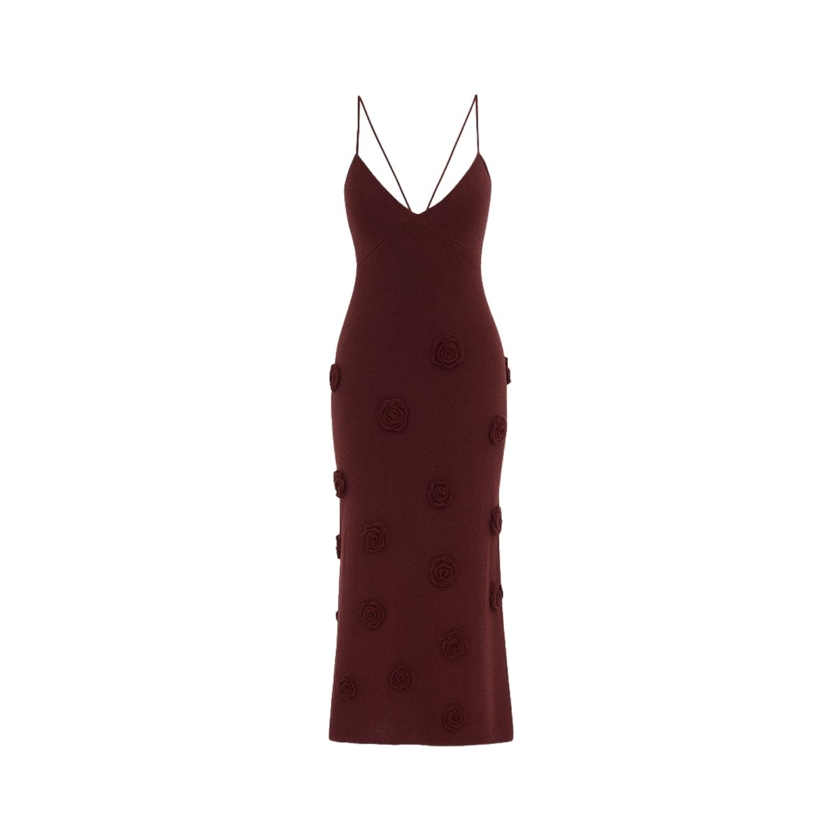 Burgundy dress with floral patterns on a white background