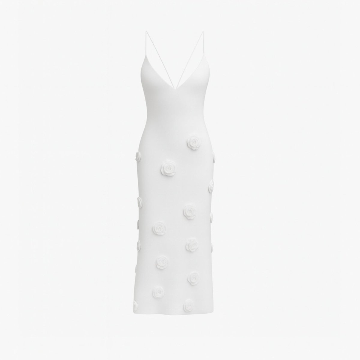White dress with button details on a light gray background
