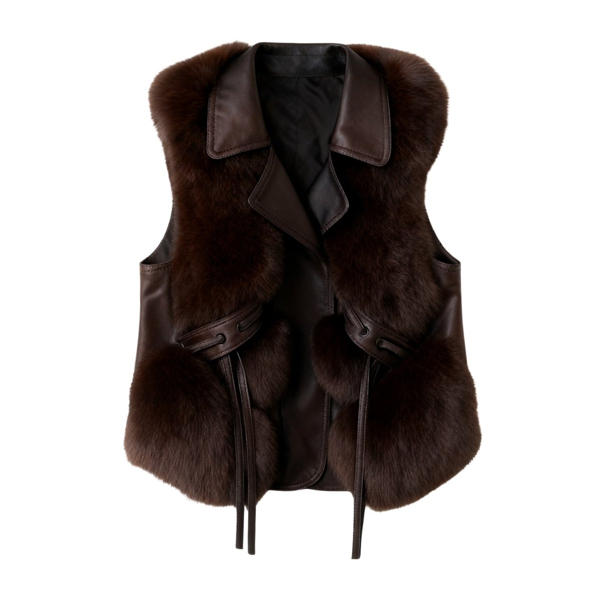 Brown Kouvr fur vest with leather accents on a white background