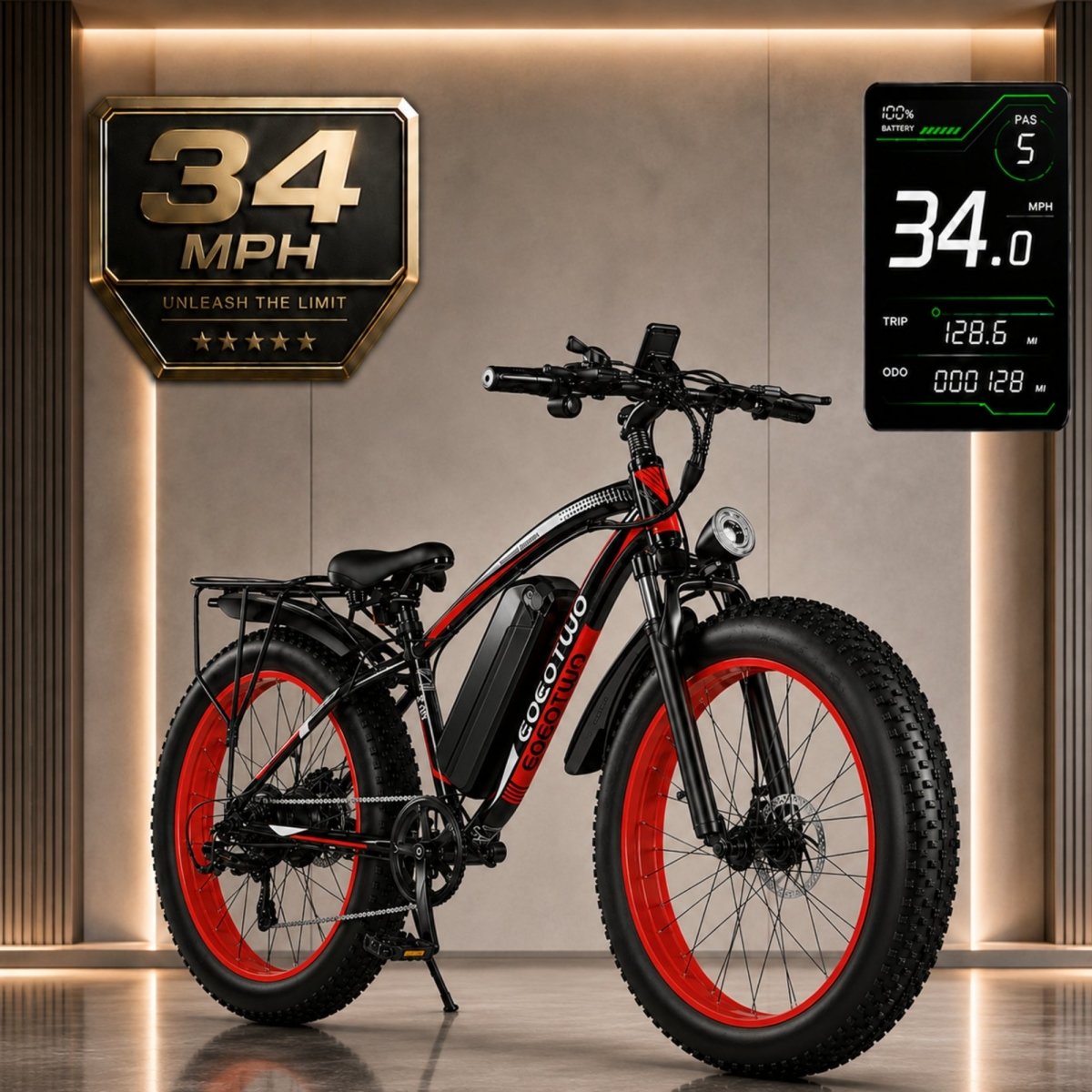The red custom-rim model of the Kouvr electric bike featuring a high-performance torque sensor, step-over aluminum frame, and rear cargo rack.
