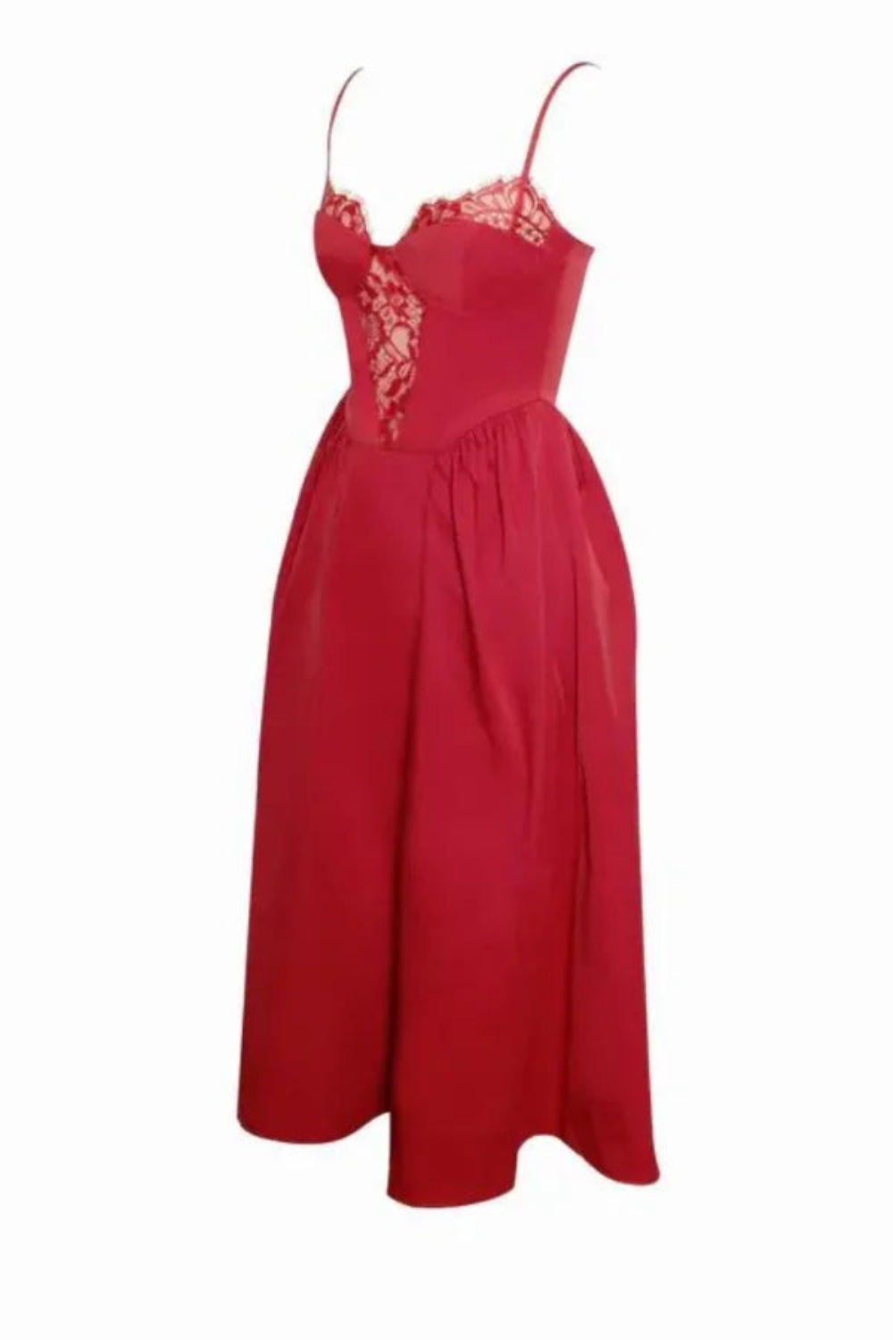Model wearing Kouvr Amadi red corset midi dress with lace detail and hands in pockets
