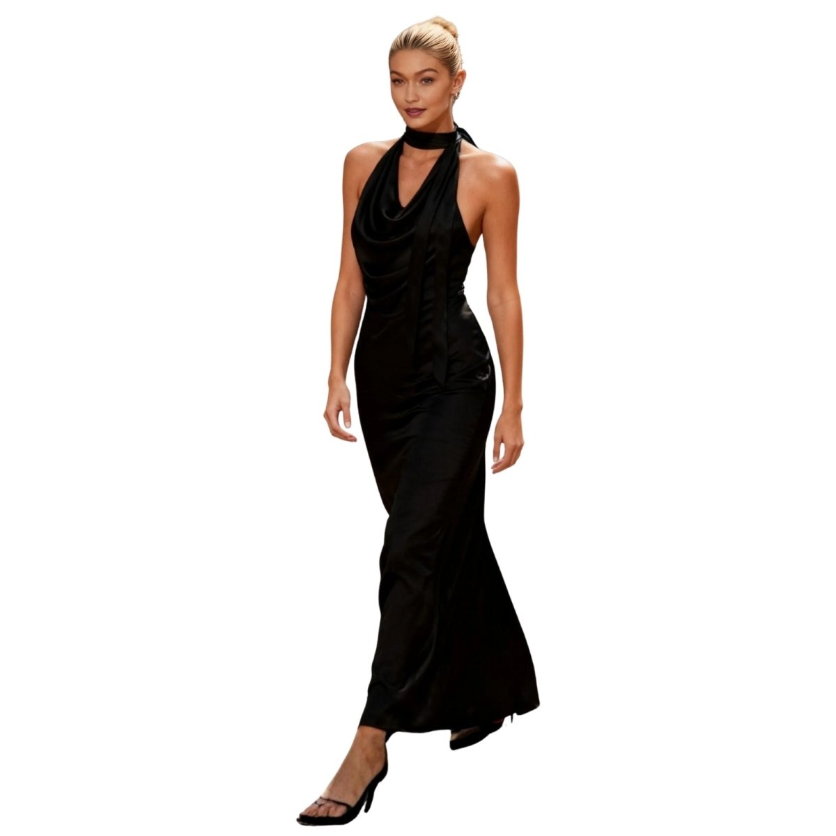 Woman wearing a black kouvr halter neck gown on a white background