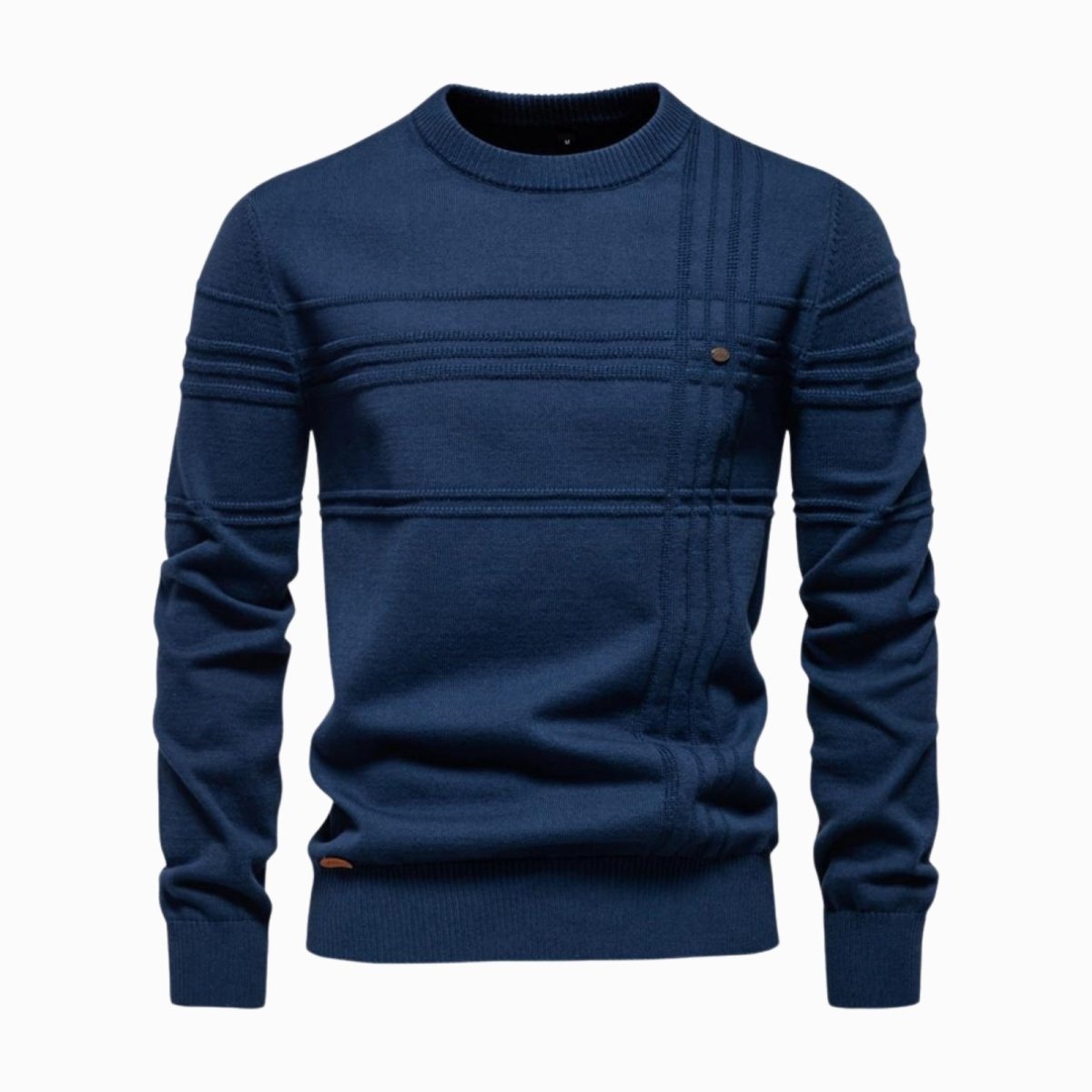 Front view of the Kouvr Ander Textured Crewneck Sweater in blue on a white background, showing the intricate ribbed detailing.
