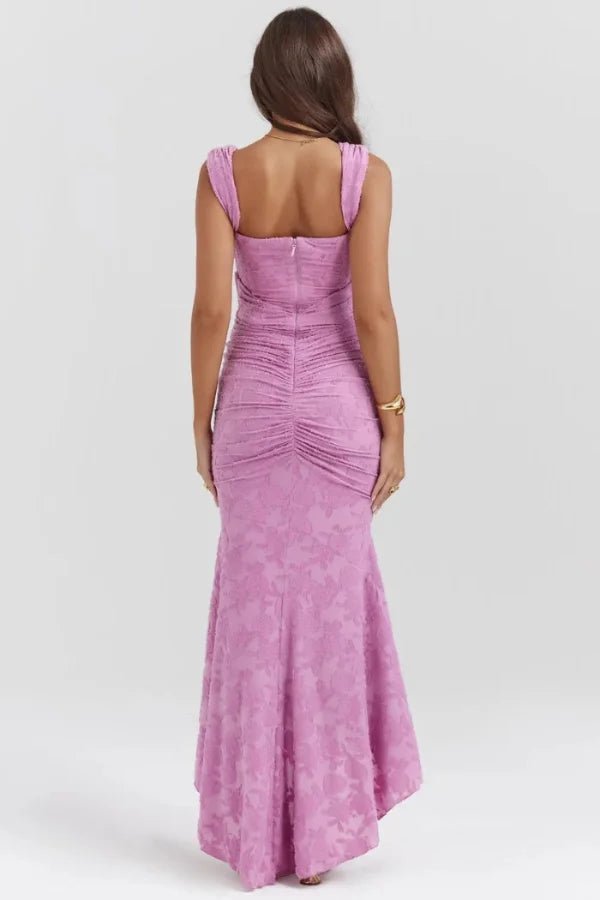 Model wearing Kouvr Arabella pink floral jacquard corset mermaid gown
