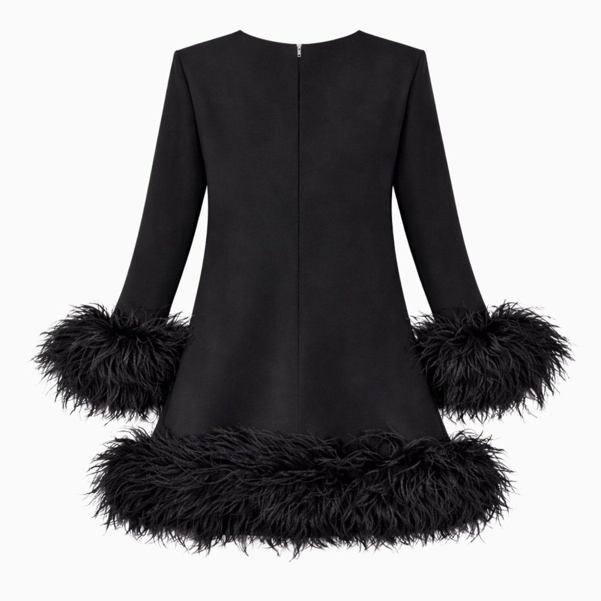 Flat lay of the back of the Arica black feather trim mini dress, showing the concealed zipper and A-line silhouette.